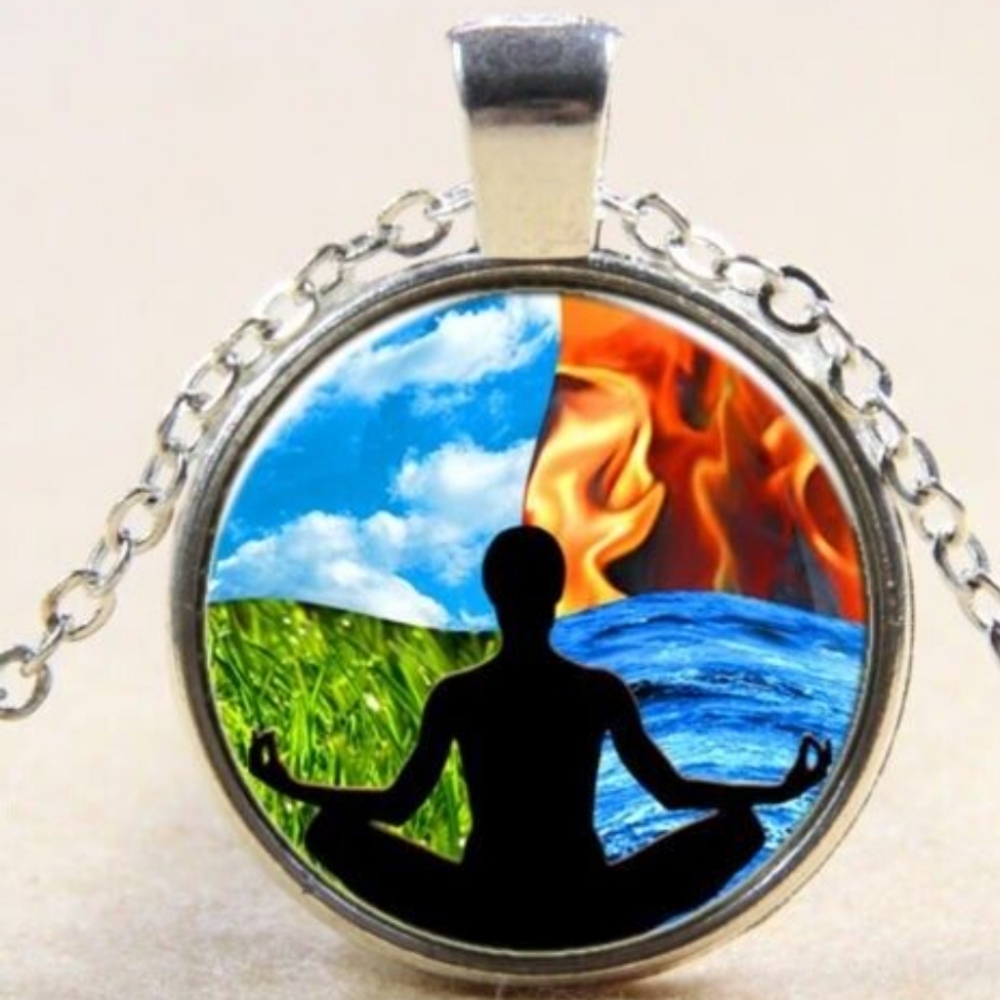 New Meditation on 4 Elements Silver Glass Cabochon Necklace.